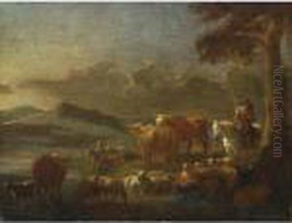 A Hilly Landscape With Peasants Watering Their Animals In A Stream Oil Painting by Theobald Michau