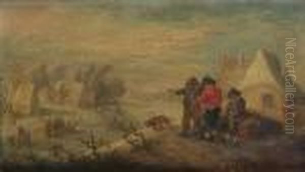 Winter: Peasants Discoursing 
Outside A Cottage With A Frozen River And Village Beyond; And Autumn: 
Peasants Gathering And Treading Grapes Outside A Cottage Oil Painting by Theobald Michau