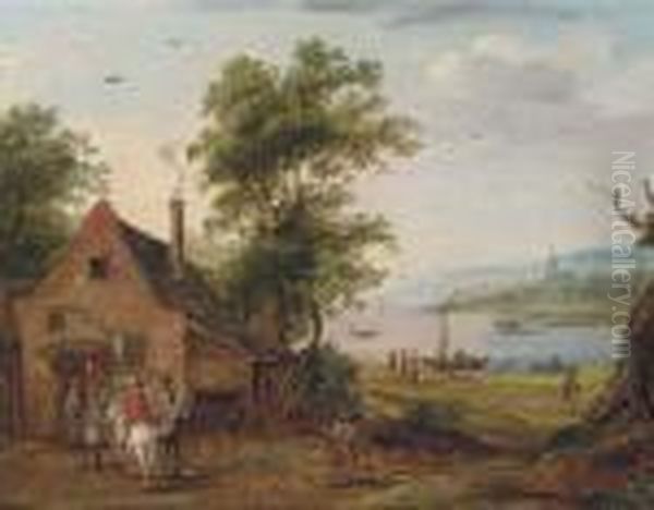 A River Landscape With Travellers Halted At An Inn Oil Painting by Theobald Michau