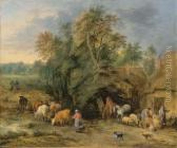 A Landscape With Peasants And Drovers Outside Cottages Oil Painting by Theobald Michau