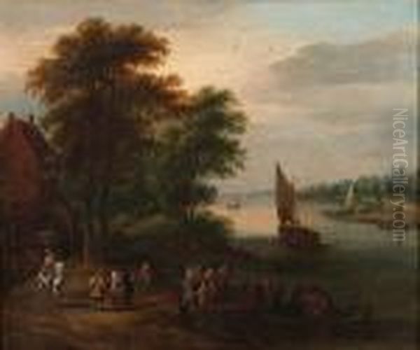 A River Landscape With A Wagon 
And Travellers On A Track, Figures In Boats Crossing The River; And A 
River Landscape With Travellers On A Path, A Village Beyond Oil Painting by Theobald Michau