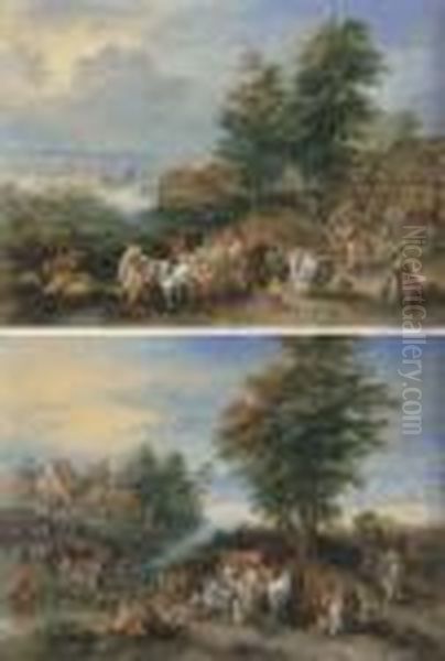 A Village Landscape With 
Peasants Merrymaking Outside An Inn Andfording The River On A Cart; And A
 River Landscape With Peasantsunloading A Cart And Herdsmen With Cattle 
By A Bridge Outside Avillage Oil Painting by Theobald Michau