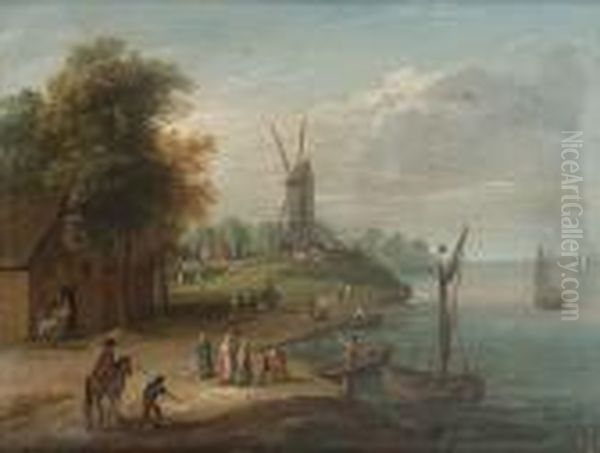 Fishermen Inspecting Their Catch
 On The Shore; And A River Landscape With Figures On A Path, A Windmill 
Beyond Oil Painting by Theobald Michau