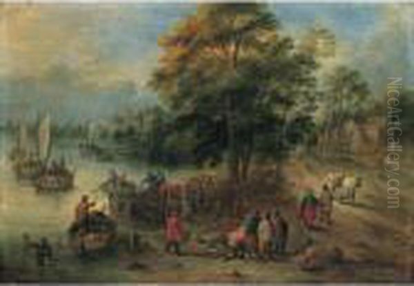 A River Landscape With Fishermen Unloading And Selling Their Catch Oil Painting by Theobald Michau