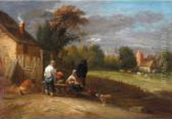 A Landscape With Boors Smoking Outside A Cottage, A Village Beyond Oil Painting by Theobald Michau