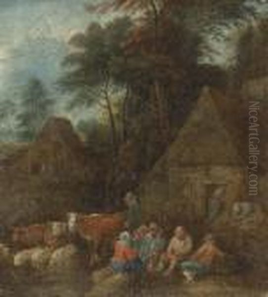 Peasants And Cattle In A Village Oil Painting by Theobald Michau