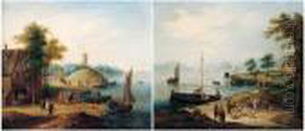 A Coastal Landscape With Fishing
 Boats Before A House And A Windmill Beyond; A Coastal Landscape With 
Fishermen Selling Their Catch Oil Painting by Theobald Michau