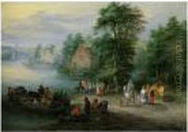 A Wooded River Landscape With Peasants And Cattle By A Ferry, A Village Beyond Oil Painting by Theobald Michau