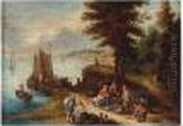 Landscape With Fishermen Beside A River Oil Painting by Theobald Michau