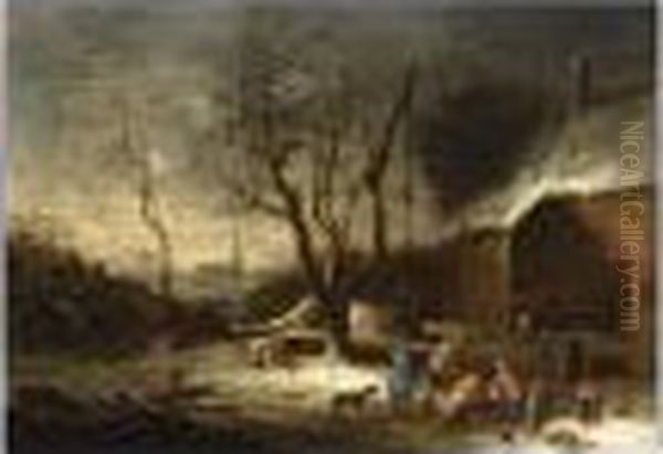 A Winter Landscape With Peasants
 Chopping Wood And Slaughtering A Pig Near A Well, A Farm Nearby Oil Painting by Theobald Michau