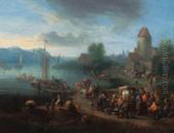 A Port On An Estuary With Fishermen Unloading Their Catch Oil Painting by Theobald Michau