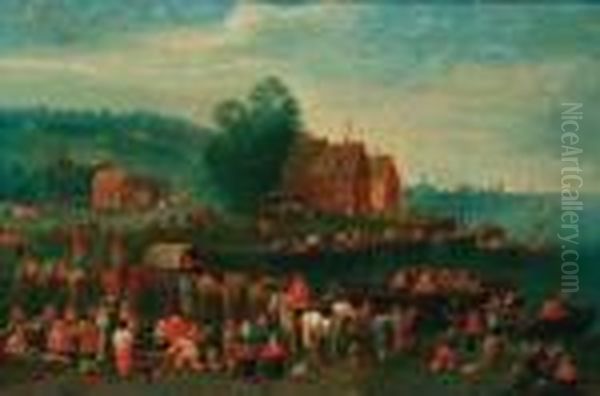 A River Landscape With Townsfolk Waiting To Alight Boats, A Townbeyond Oil Painting by Theobald Michau