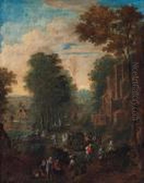 A Wooded River Landscape With Travellers On A Road By A Ruinedcastle by Theobald Michau