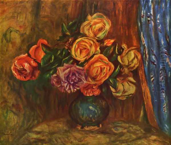 Still life, roses before blue curtain Oil Painting by Pierre Auguste Renoir