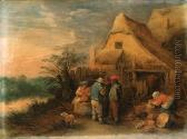 Peasants Drinking And Smoking Outside Farms Oil Painting by Theobald Michau