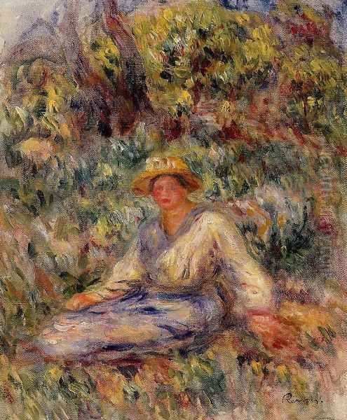 Woman in Blue in a Landscape Oil Painting by Pierre Auguste Renoir