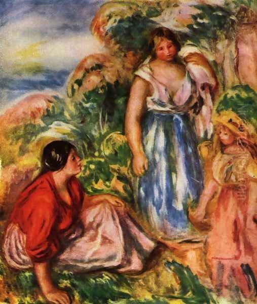 Two women with young girl in a landscape Oil Painting by Pierre Auguste Renoir