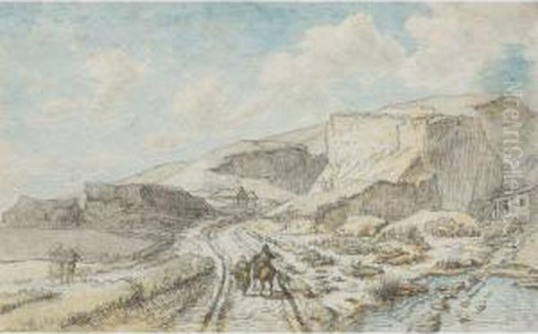 Travelers In A Rocky Landscape 
And Horses Pulling A Wagon In Arocky Landscape: A Double-sided Drawing Oil Painting by Georges Michel