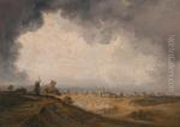 Landschaft In Der Umgebungvon Paris Mit Einer Windmuhle Und Einem Dorf Oil Painting by Georges Michel