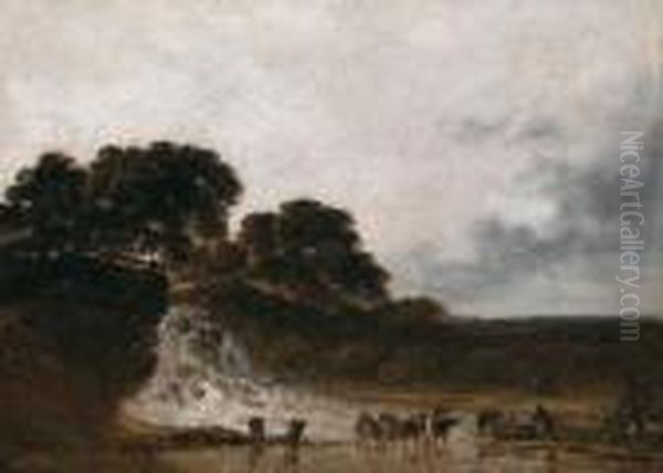 Rolling Countryside With Men Fishing Beside A Waterfall Oil Painting by Georges Michel