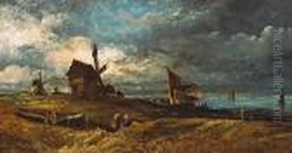 A Fisherman's Hamlet And An Old Mill Oil Painting by Georges Michel