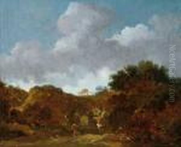 Bewaldete Landschaft Mit Einer 
Uberfallenen Wagenkolonne. Ol Auf Leinwand (doubliert). H 36,8; B 45 Cm. Oil Painting by Georges Michel