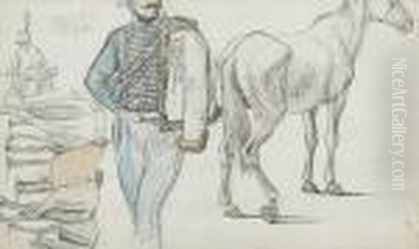 Cavalry Man And Horses And A Study Of Three Horses: A Double Sided Work Oil Painting by Georges Michel