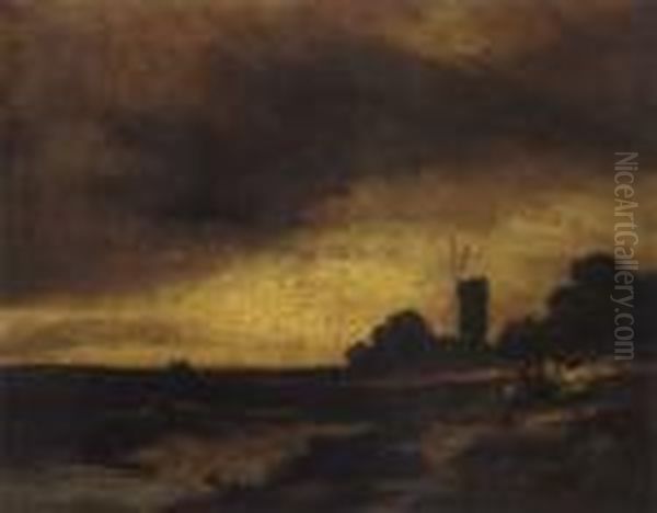 Abendliche Montmartrelandschaft Mit Heimkehrendem Bauerngefahrt Oil Painting by Georges Michel