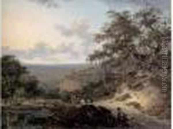 Paysan Conduisant Une Charrue Dans Un Paysage Avec Moulin. Oil Painting by Georges Michel