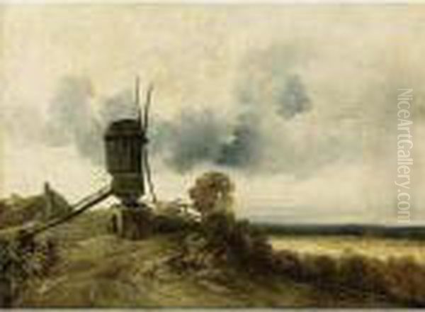 A Windmill In An Extensive Landscape Oil Painting by Georges Michel