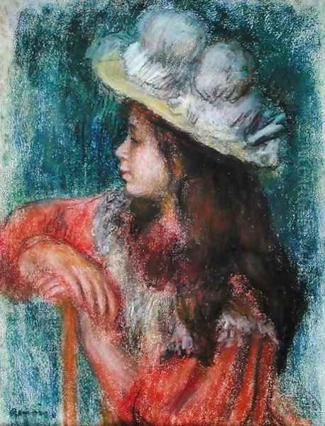 Seated Young Girl in a White Hat 1884 Oil Painting by Pierre Auguste Renoir