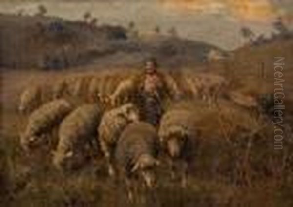 Shepherdess With Flock Of Sheep Oil Painting by Francesco Paolo Michetti