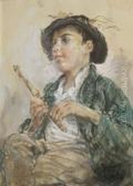 Pastorello Con Flauto Oil Painting by Francesco Paolo Michetti