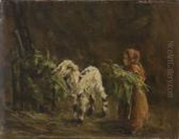 Pastorella E Capretta Nellastalla Oil Painting by Francesco Paolo Michetti