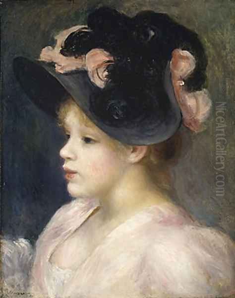 Young Girl in a Pink and Black Hat 1890s Oil Painting by Pierre Auguste Renoir