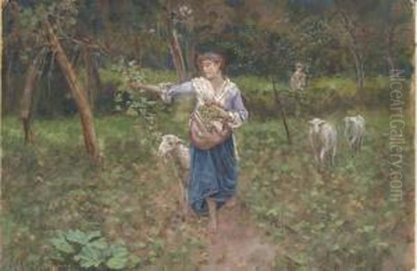 A Shepherdess In A Pastoral Landscape Oil Painting by Francesco Paolo Michetti