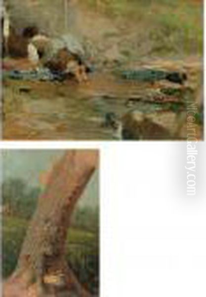 Washerwoman And Study Of A Tree; A Double Sided Work Oil Painting by Francesco Paolo Michetti