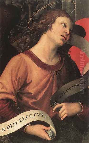 Altarpiece of St. Nicholas of Tolentino (detail of an angel holding and inscription) 1501 Oil Painting by Raphael