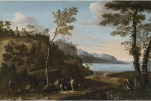 A Wooded Landscape With Peasants Resting On A Track, A Lakebeyond Oil Painting by Jan Miel