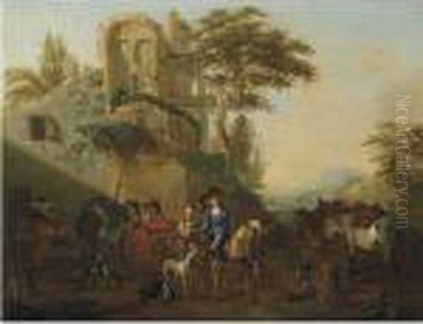 Horsemen Resting Near A Ruin, Accompanied By Their Hounds Oil Painting by Jan Miel