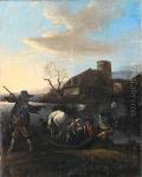 Peasants Boarding A Ferry With A Donkey, A Village In The Distance Oil Painting by Jan Miel