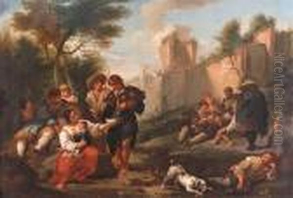 Travellers Resting Outside A City Wall Oil Painting by Jan Miel