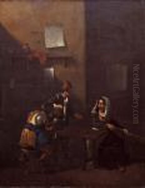 Scene De Taverne Avec Fumeur, Buveur Et Joueuse De Guitare Oil Painting by Jan Miel