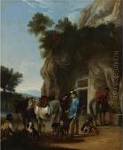 Huntsmen With Dogs And Horses In A Landscape Oil Painting by Jan Miel