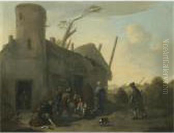 An Outdoor Scene With Peasants Gambling Outside An Inn Oil Painting by Jan Miel