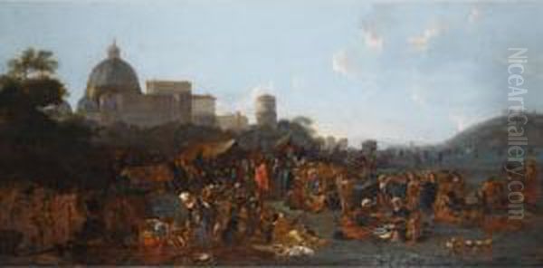 Figures Feasting At A Fair In 
Prati, Outside The Walls Of Rome, With The Basilica Di San Pietro And 
Monte Mario Beyond Oil Painting by Jan Miel