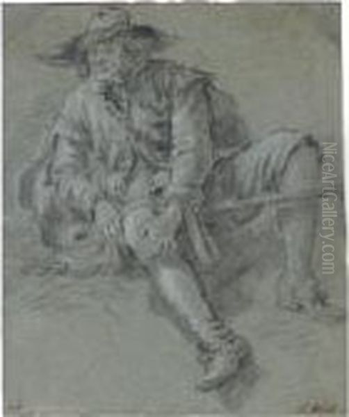 Three Figure Studies: A Seated 
Peasant Woman, With A Basket By Her Side, And Two Studies Of Men 
Reclining On The Ground, One With His Hat To The Left Oil Painting by Jan Miel