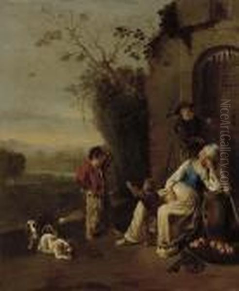 A Peasant Family Resting Before A Ruin In A Landscape Oil Painting by Jan Miel