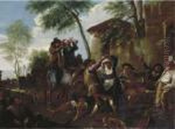 Peasants Dancing The Saltarello By A Farmhouse Oil Painting by Jan Miel