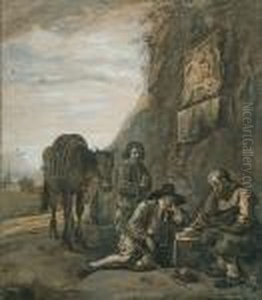 Figures Resting With Their Horse Beside A Path Oil Painting by Jan Miel